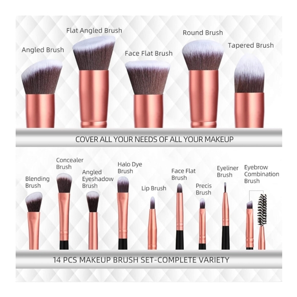 Rose Gold /Black 14pc BS-MALL Professional Makeup Brush Collection With Case - Picture 3 of 7